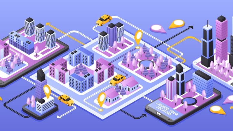 Isometric illustration of a city map with buildings, cars, location markers, and a smartphone displaying Choose Your Location.