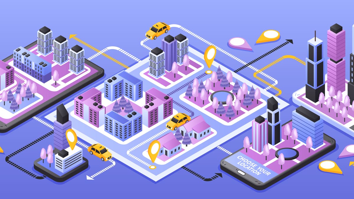 Isometric illustration of a city map with buildings, cars, location markers, and a smartphone displaying Choose Your Location.
