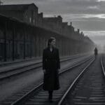 A woman in a long coat walks along train tracks in an empty, industrial area under a cloudy sky, with another figure in the distance.