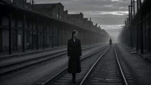 A woman in a long coat walks along train tracks in an empty, industrial area under a cloudy sky, with another figure in the distance.
