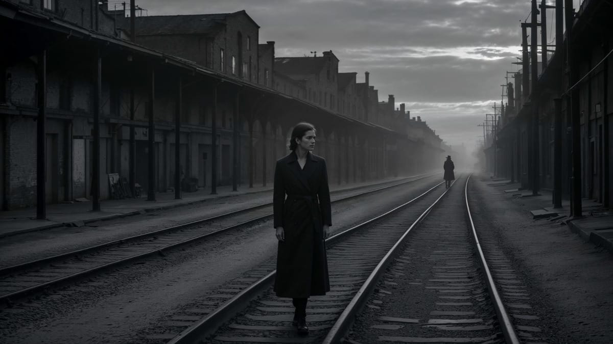 A woman in a long coat walks along train tracks in an empty, industrial area under a cloudy sky, with another figure in the distance.
