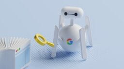 A white robot with a Google logo holds a yellow magnifying glass near an open book and a web browser window on a light blue background.