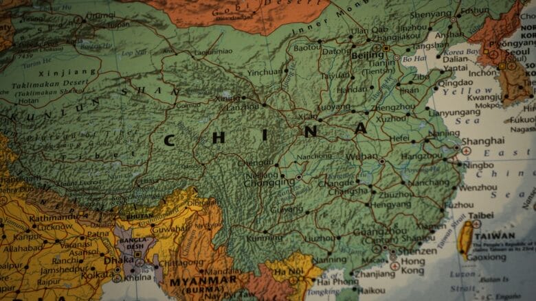 A map showing China and its neighboring countries, including India, Myanmar, and Mongolia, with major cities and geographical features labeled.