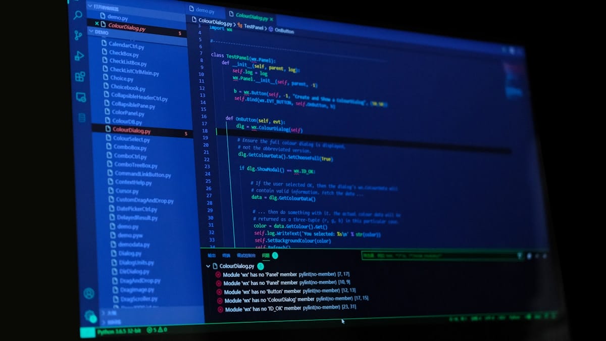 A computer screen displays Python code and a list of files in a code editor with an error message at the bottom panel.