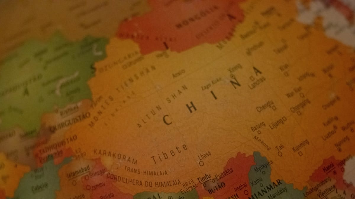 A close-up view of a map showing China and its neighboring countries in Asia, with country names and borders clearly labeled.