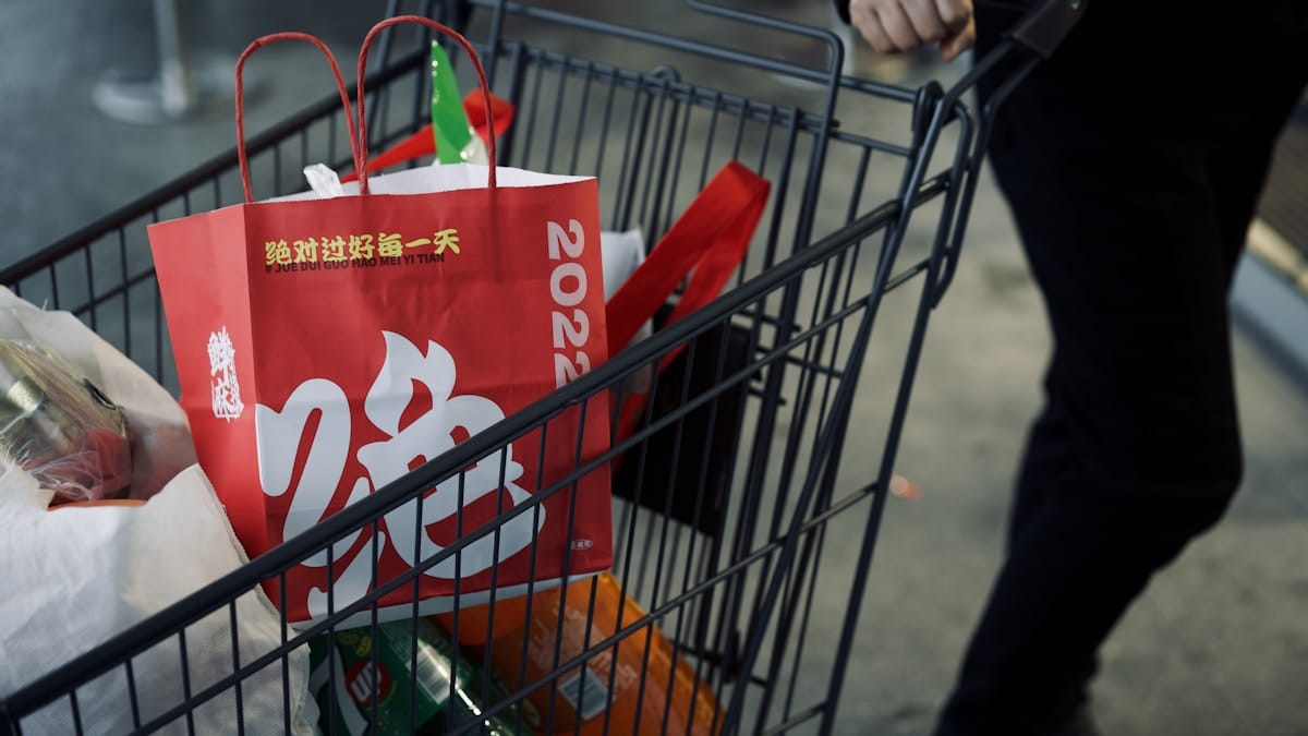 A shopping cart containing groceries and a red bag with Chinese text and the number 2022 on it.