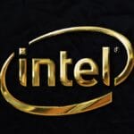Gold Intel logo on a black textured background.