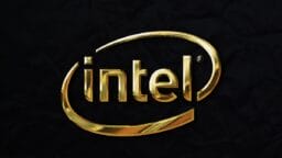Gold Intel logo on a black textured background.