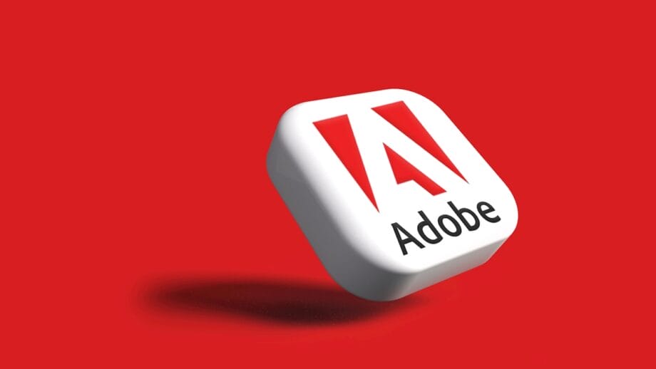 A 3D square with the Adobe logo and text on a red background, casting a shadow to the left.