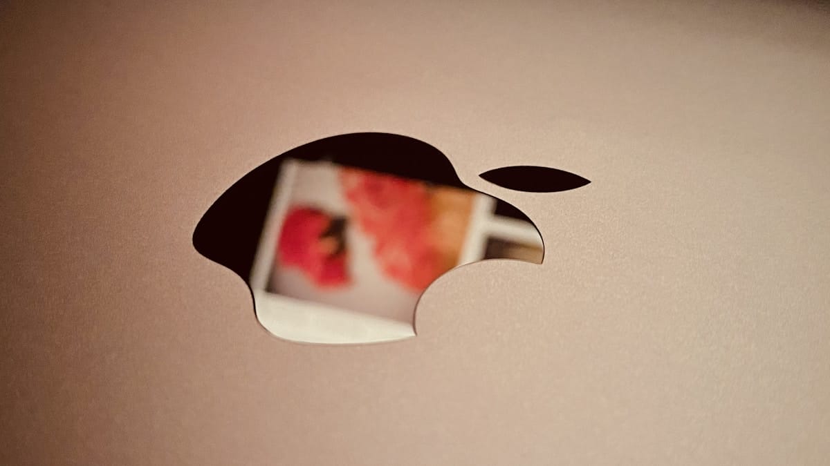 Close-up of an Apple logo cutout with a blurred photo of red and pink flowers visible through the opening.