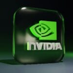 3D-rendered Nvidia logo in green and white on a dark, glossy, square background with subtle lighting effects.