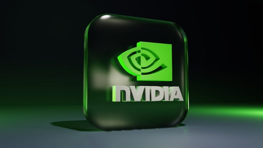 3D-rendered Nvidia logo in green and white on a dark, glossy, square background with subtle lighting effects.