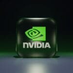 A 3D-rendered Nvidia logo icon with green and black colors, centered on a gradient background.