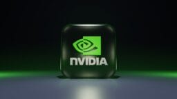 A 3D-rendered Nvidia logo icon with green and black colors, centered on a gradient background.