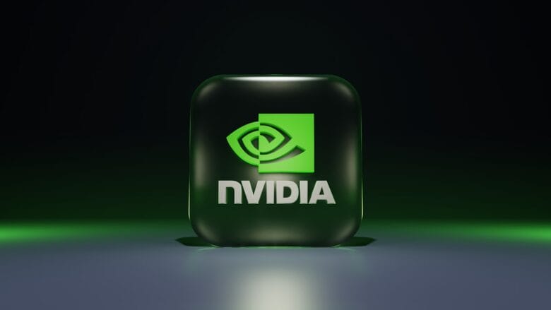 A 3D-rendered Nvidia logo icon with green and black colors, centered on a gradient background.