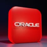 A red rounded square with the word ORACLE in white 3D letters on the front, set against a dark gradient background.
