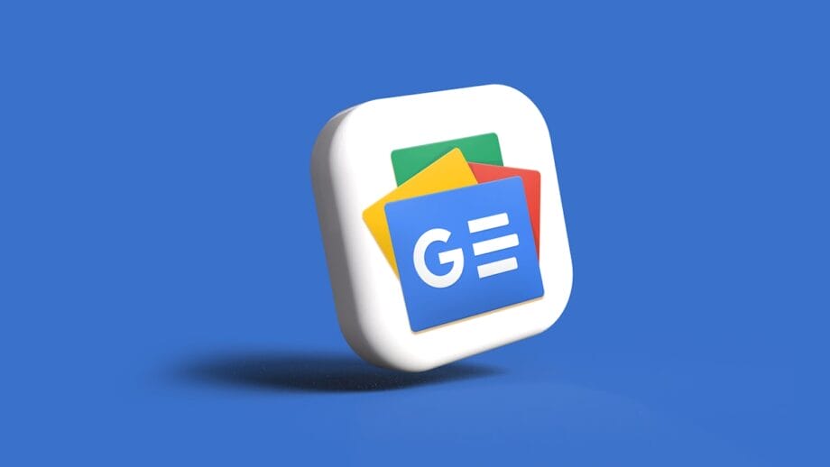 3D icon of the Google News logo featuring overlapping cards in green, yellow, and red on a blue background.