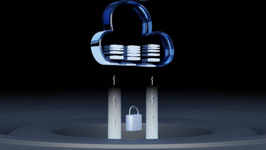 A digital cloud icon above two pillars with arrows, and a padlock below, symbolizing secure cloud data transfer.