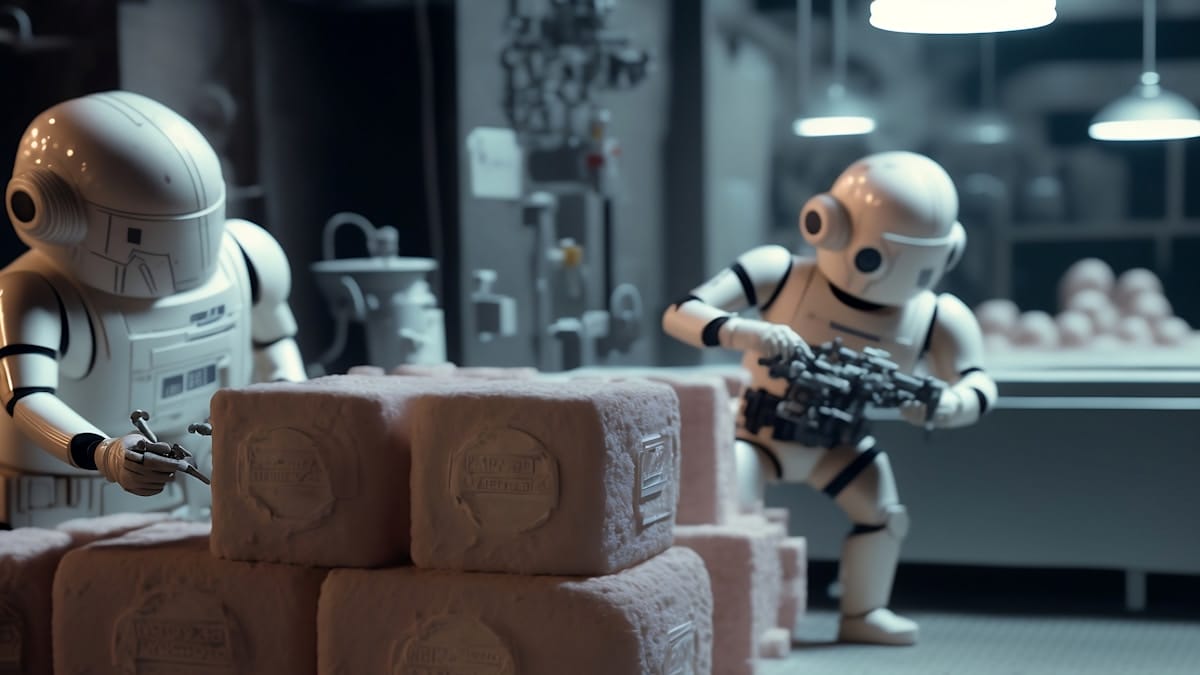 Two robots in a factory setting work with stacked blocks and machinery under bright overhead lights.