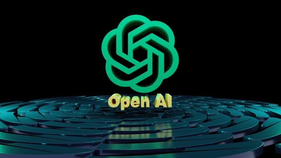 The OpenAI logo in green with the words Open AI above a circular, layered blue surface.