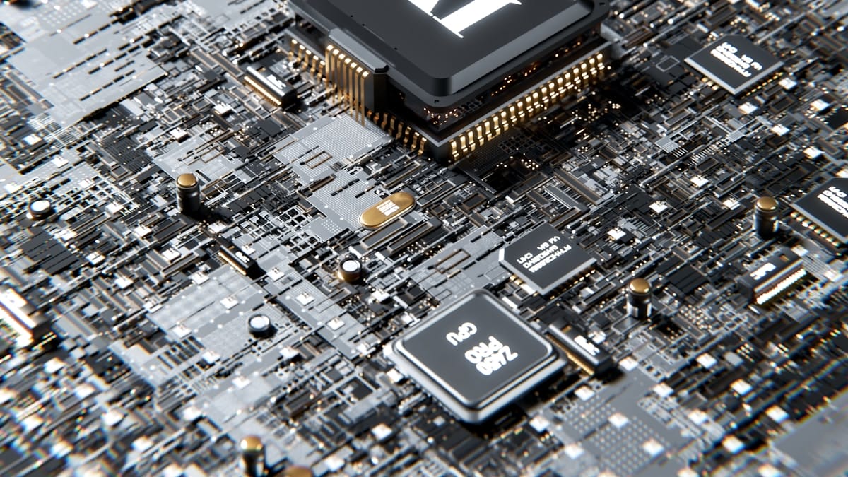 Close-up view of a computer motherboard featuring multiple microchips, circuits, and electronic components.