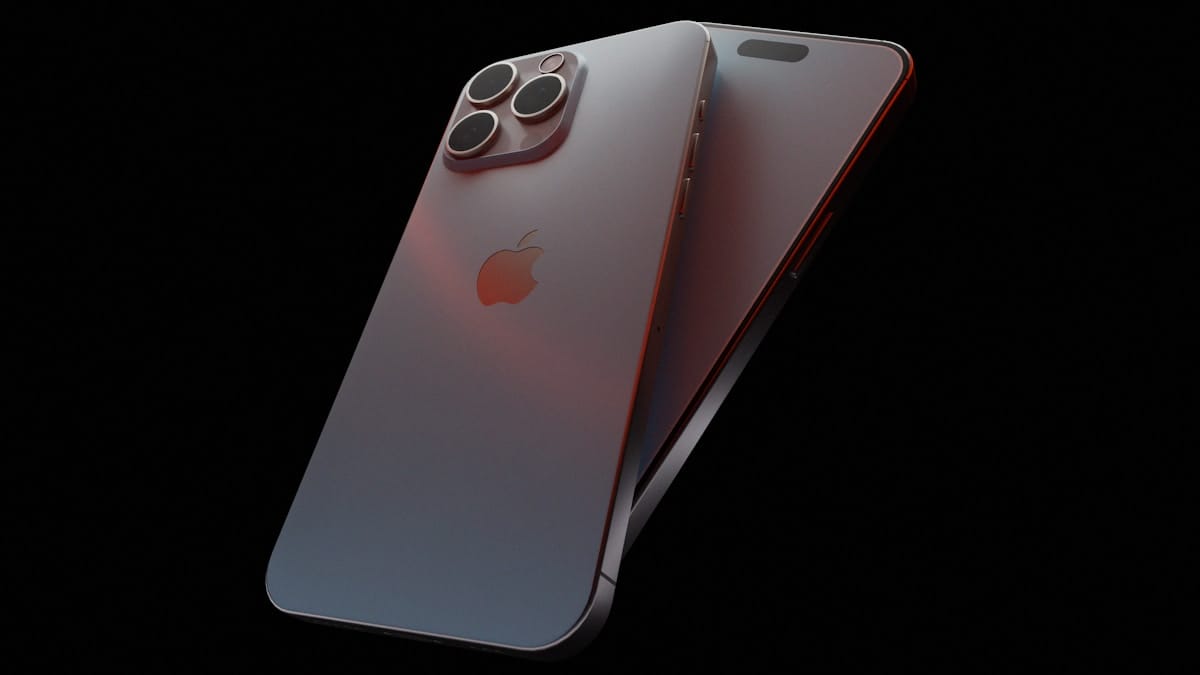 Two modern smartphones with Apple logos are shown, one displaying the screen and the other showing the triple camera rear side, against a black background.