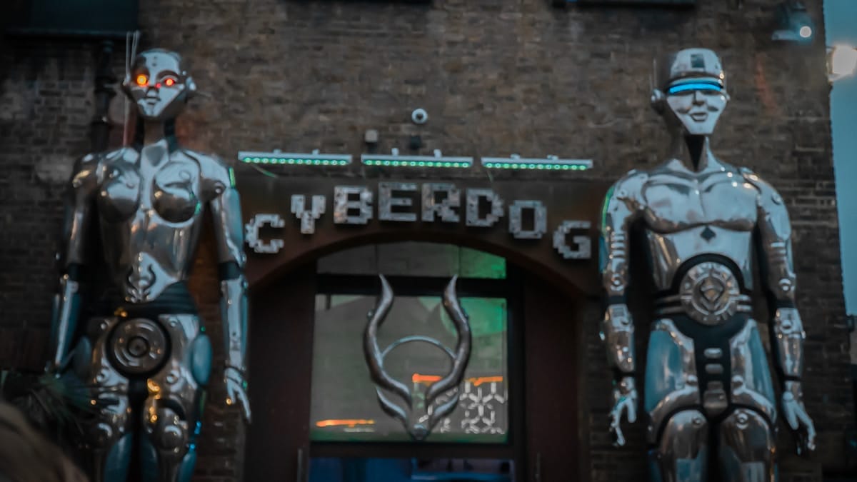 Two large silver humanoid robot statues stand outside an entrance labeled Cyberdog on a brick building.