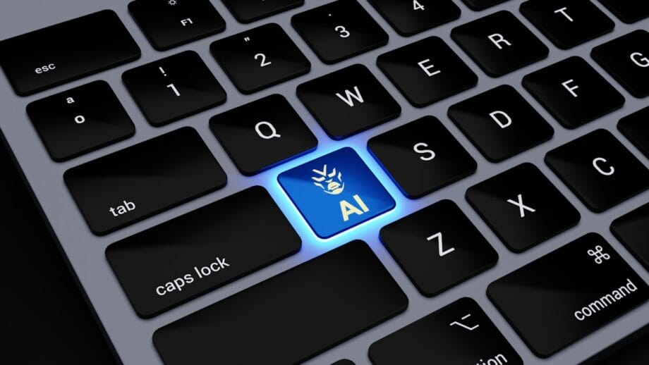 A computer keyboard with a glowing blue key labeled AI featuring a robot icon, replacing the usual letter key between Q and W.