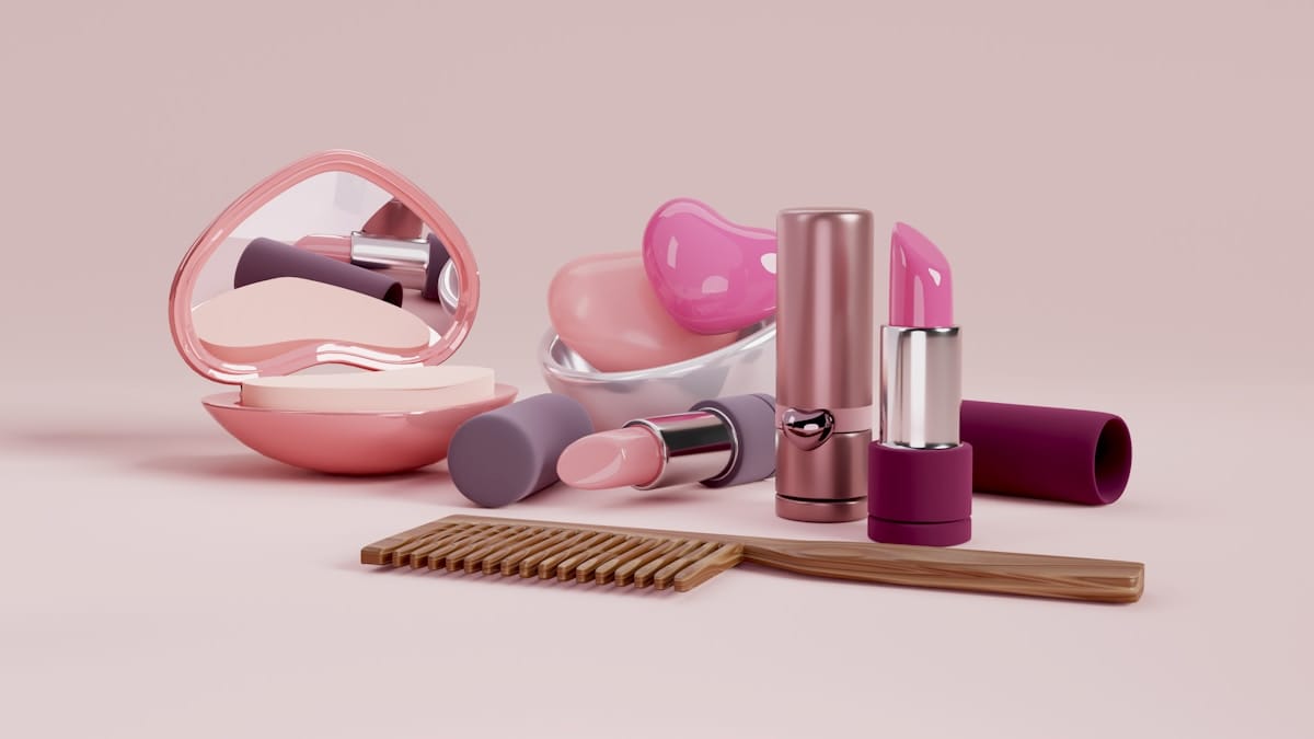 Assorted makeup items, including lipsticks, a compact mirror, a comb, and heart-shaped containers, arranged on a pink surface.