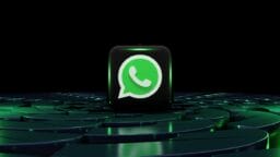 A 3D WhatsApp logo cube sits on a dark, glowing, circular platform with green highlights against a black background.