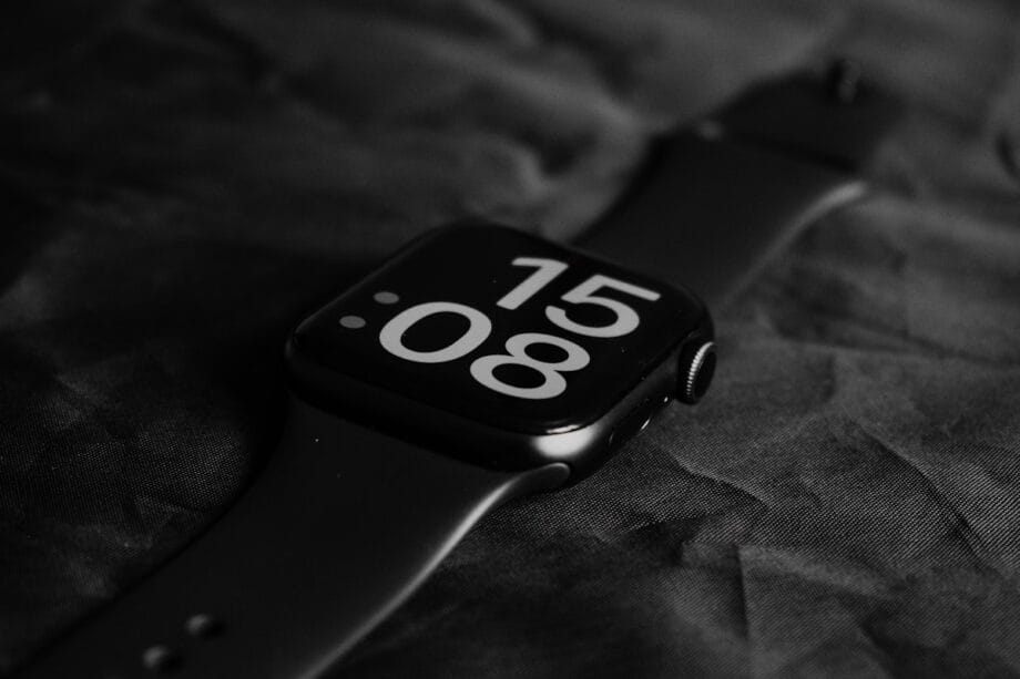 a black and white photo of an apple watch