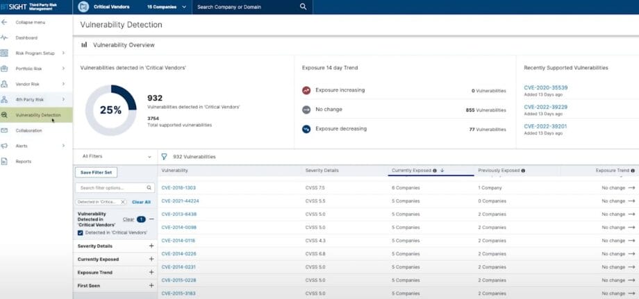 Screenshot of a vulnerability detection dashboard showing a pie chart, statistics, trends, and a list of vulnerabilities with severity data.