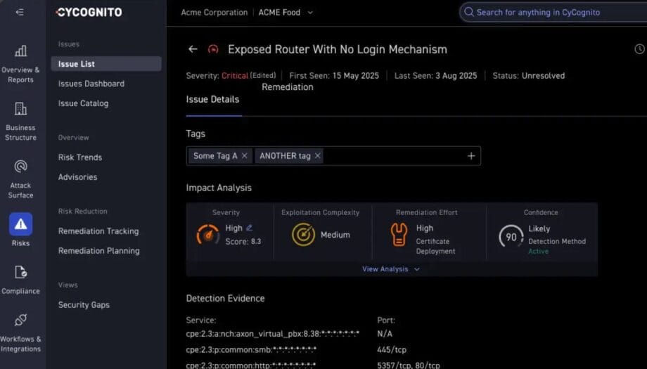 A cybersecurity dashboard displays a critical issue: an exposed router with no login mechanism, risk scores, and detection evidence.