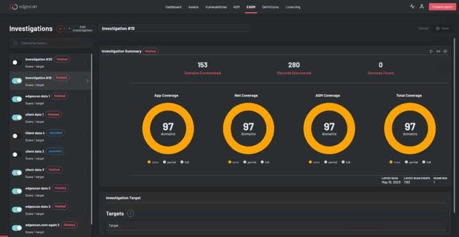 A cybersecurity dashboard displays investigation metrics, including coverage statistics and targets, with circular progress indicators.
