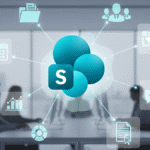 Four people in a meeting room with a digital SharePoint icon and related business app icons overlaid in the foreground.