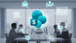 Four people in a meeting room with a digital SharePoint icon and related business app icons overlaid in the foreground.