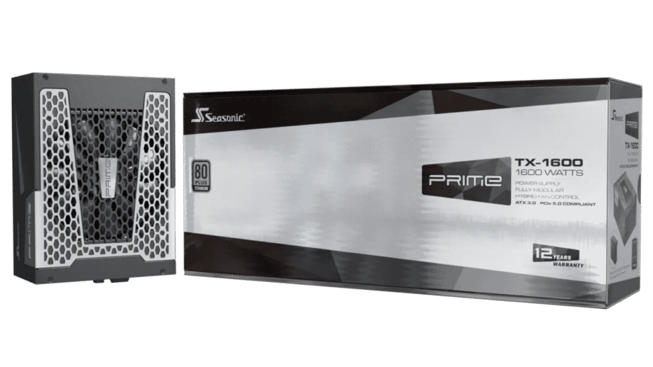 Seasonic ATX 3.1 PRIME Series of Power Supply unit next to its retail packaging with a 12-year warranty label visible.