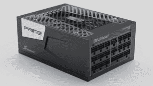 A black Seasonic ATX 3.1 PRIME Series of Power Supplies unit with multiple modular cable ports and a honeycomb ventilation grille on top.