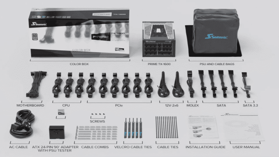 Components of a Seasonic ATX 3.1 PRIME Series of Power Supply, including cables, adapters, screws, cable ties, user manual, and carrying bag.