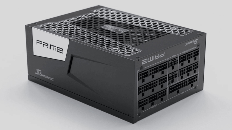 A black Seasonic ATX 3.1 PRIME Series of Power Supplies unit with multiple modular cable ports and a honeycomb ventilation grille on top.