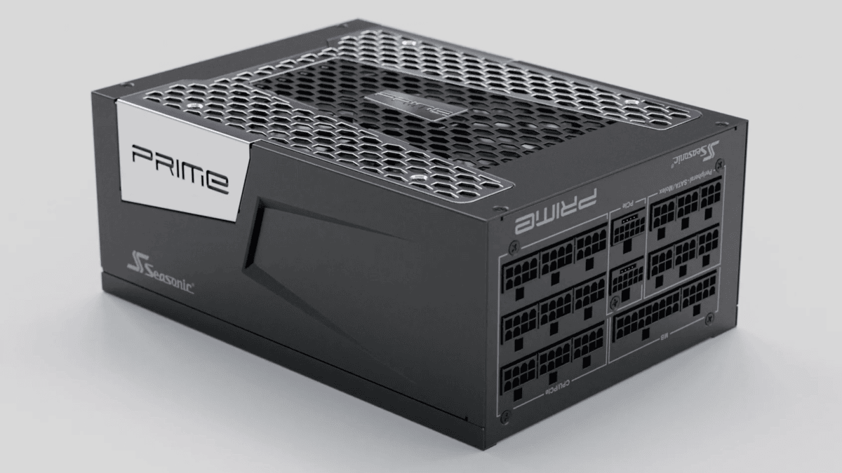 A black Seasonic ATX 3.1 PRIME Series of Power Supplies unit with multiple modular cable ports and a honeycomb ventilation grille on top.