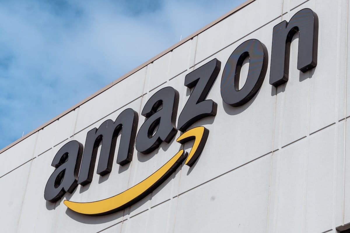 The amazon logo is displayed on a building.
