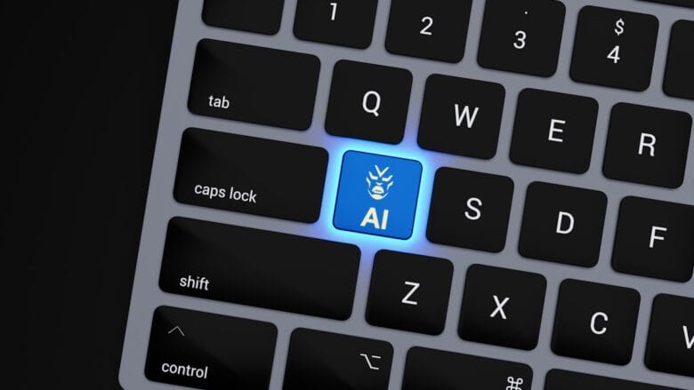 A computer keyboard with a glowing blue AI key, featuring a robot face icon, replacing the A key.