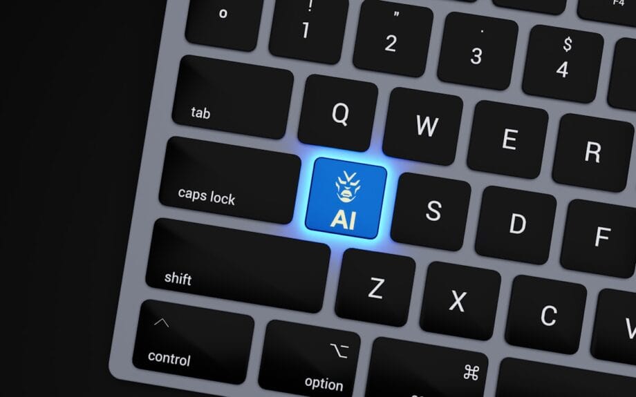 A computer keyboard with a glowing blue AI key, featuring a robot face icon, replacing the A key.