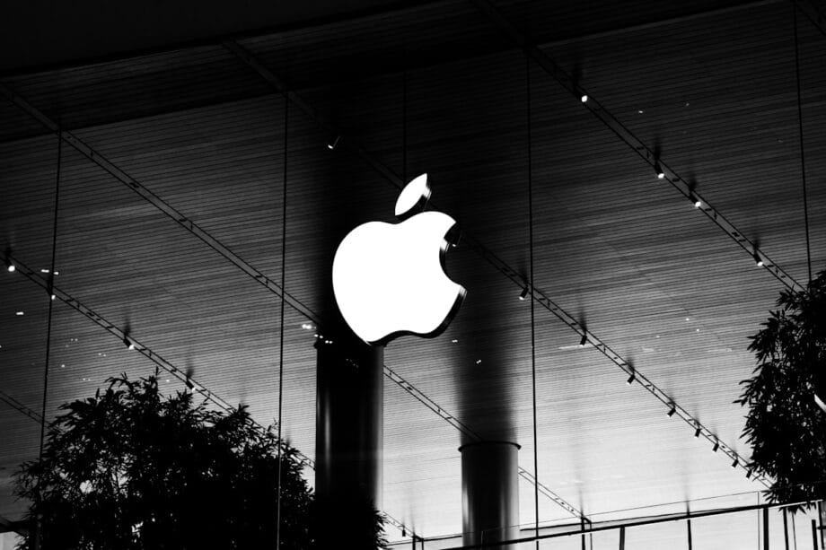 A black and white photo of an apple logo