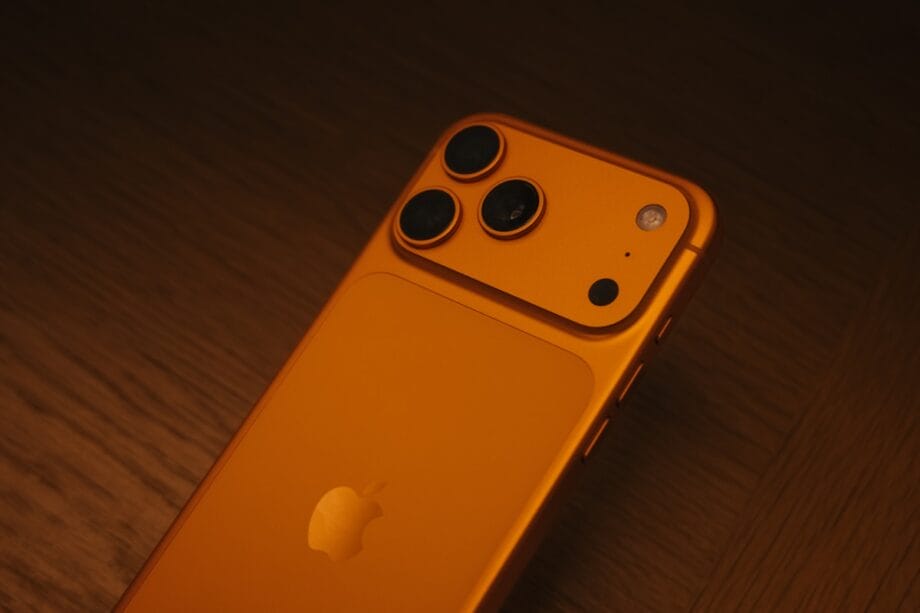 Back of an orange smartphone with three cameras.