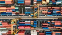 Aerial view of numerous colorful shipping containers organized in rows at a busy port with cranes for loading and unloading.