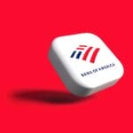 A white square object with the Bank of America logo and text, floating against a solid red background.