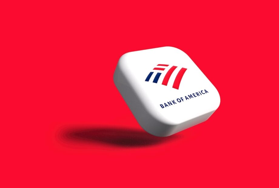A white square object with the Bank of America logo and text, floating against a solid red background.