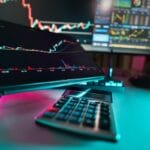 A desk with a calculator, computer monitor, and tablet displaying stock market charts and trading data.